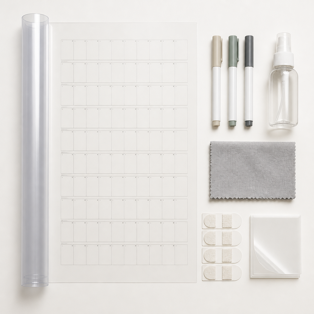 Flat lay of the transparent calendar and accessories: markers, spray bottle, cloth, command strips and sticky notes